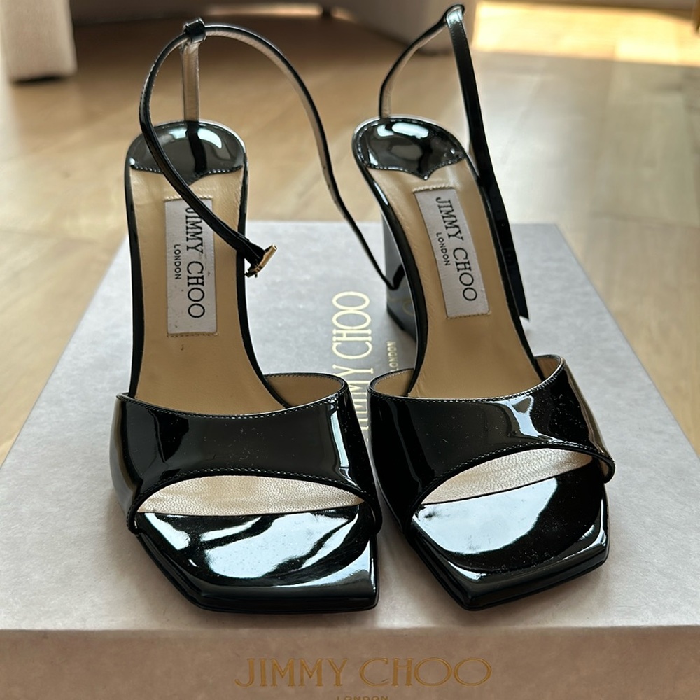 Jimmy Choo Brien 85 Black Patent Leather Wedge Sandal